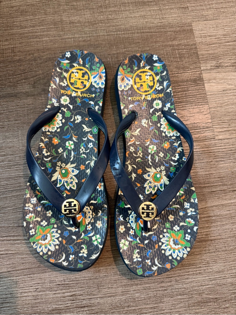 Tory Burch Navy Floral Logo Kids Flip Flops